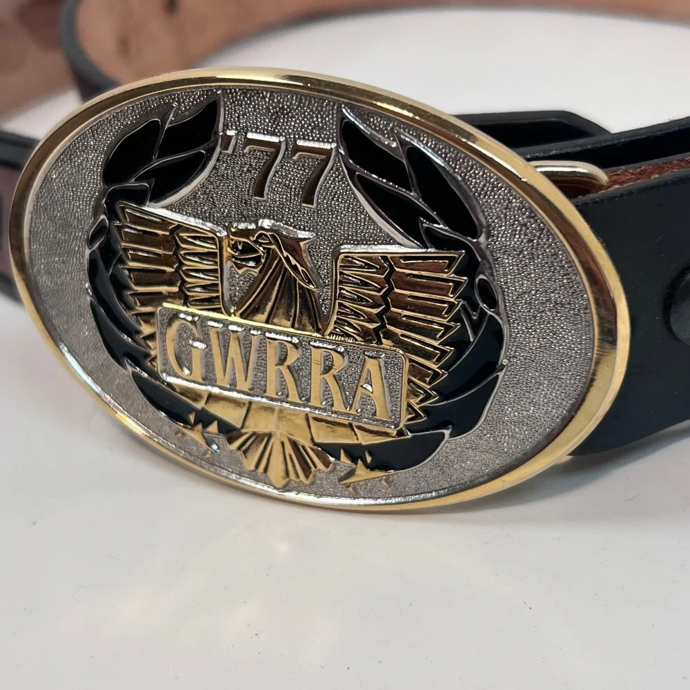 GWRRA 77 Eagle Biker Belt‎ Buckle w/ Gold Wing Embossed Leather Belt USA Made